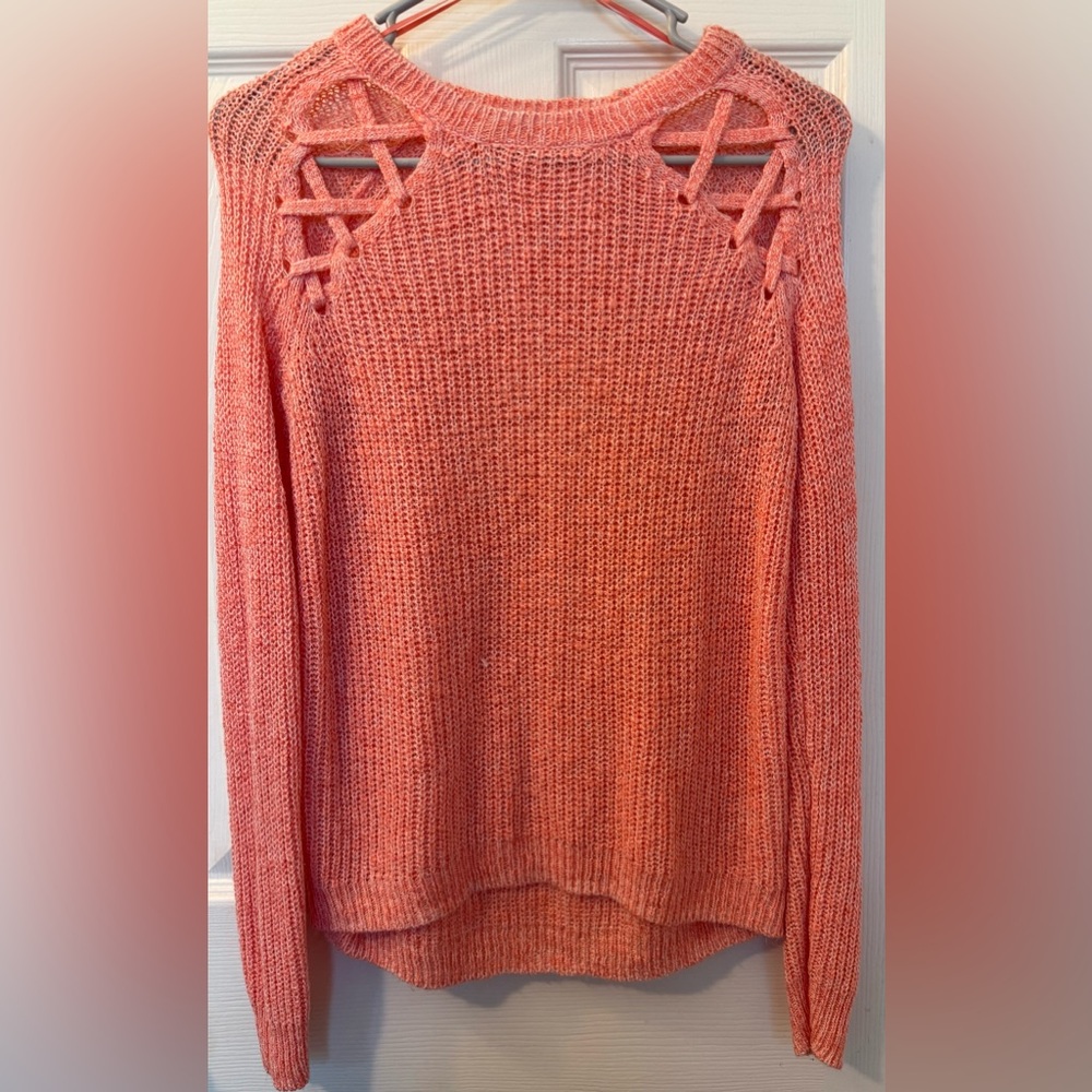Lace-Up Shoulder Knit Sweater in Coral